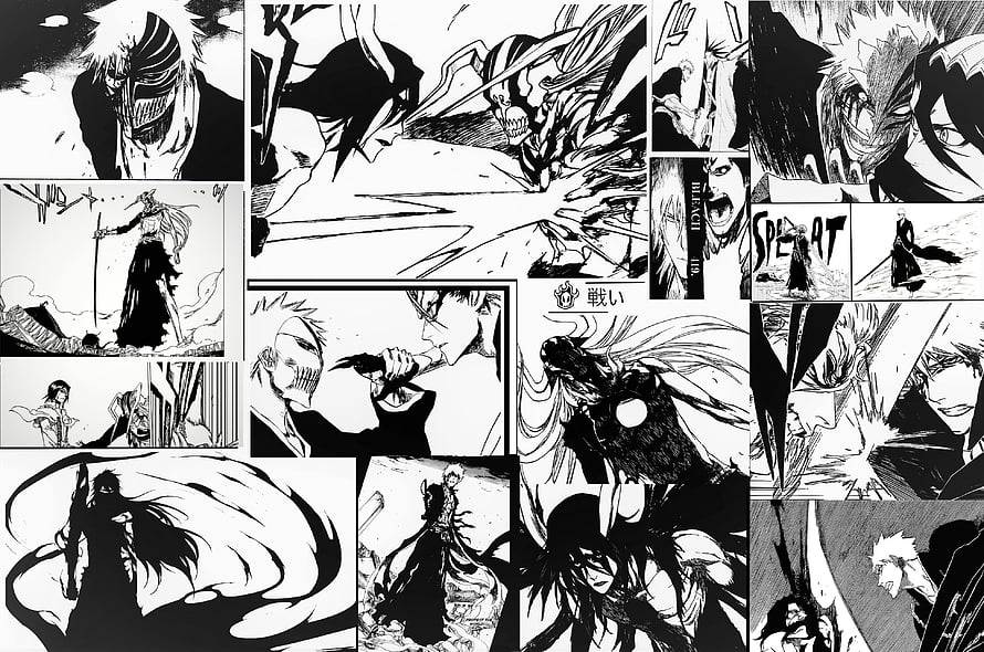 Bleach manga art collage featuring Kenpachi Zaraki and Yhwach in black and white, even better manga : bleach, manga panels HD wallpaper