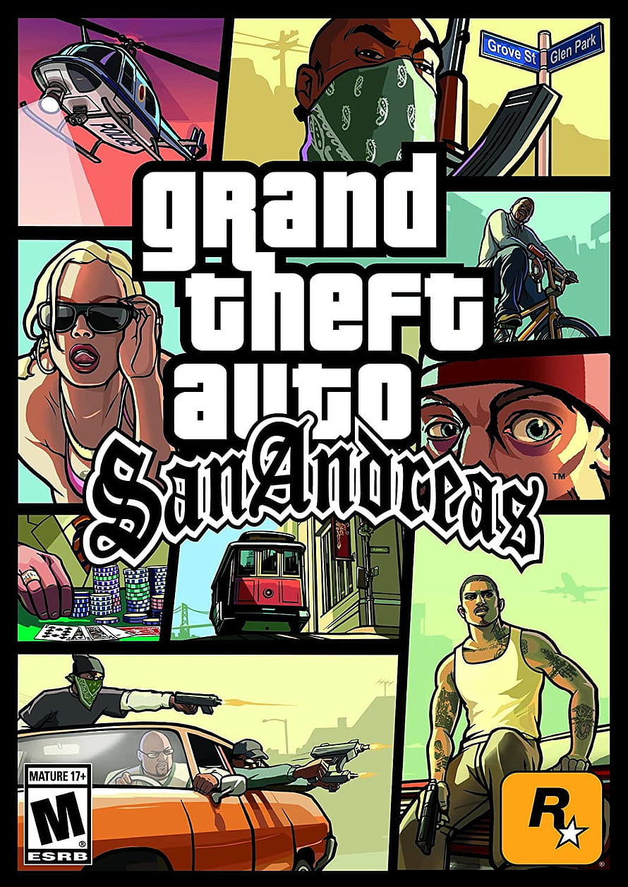 Grand Theft Auto San Andreas Comic Style Cover Art with Characters and Action Scenes HD phone wallpaper