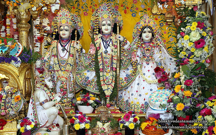 Sri Sri Sita Rama Laxman Hanuman Deity with Floral Garlands and Temple Decorations, Sri Sri Sita Rama Laxman Hanuman, ram sita hanuman HD wallpaper