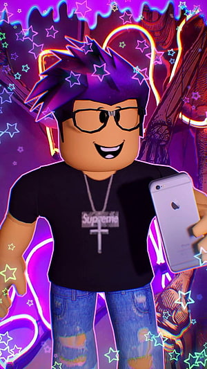 Roblox avatar with purple spiky hair, glasses, and a Supreme shirt holding a smartphone in a neon starry scene HD phone wallpaper