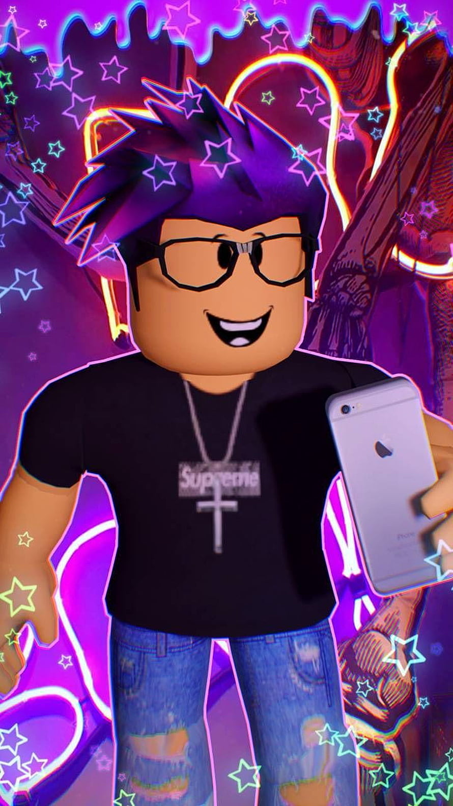 Roblox avatar with purple spiky hair, glasses, and a Supreme shirt holding a smartphone in a neon starry scene HD phone wallpaper