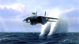 F-14 Tomcat Fighter Jet Taking Off From Ocean Surface With Water Spray HD wallpaper
