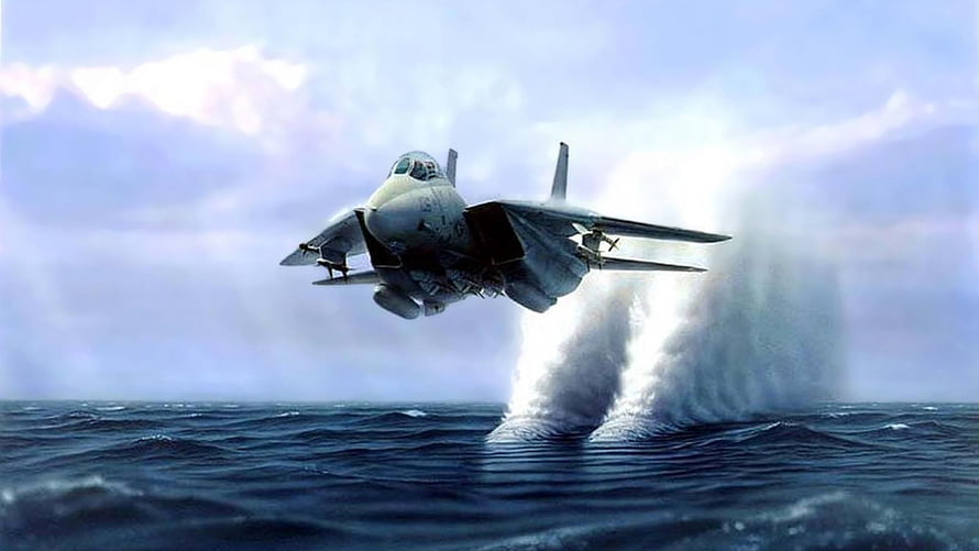 F-14 Tomcat Fighter Jet Taking Off From Ocean Surface With Water Spray HD wallpaper