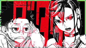 Dandadan Anime Characters in High Contrast Red and Black Manga Style HD wallpaper