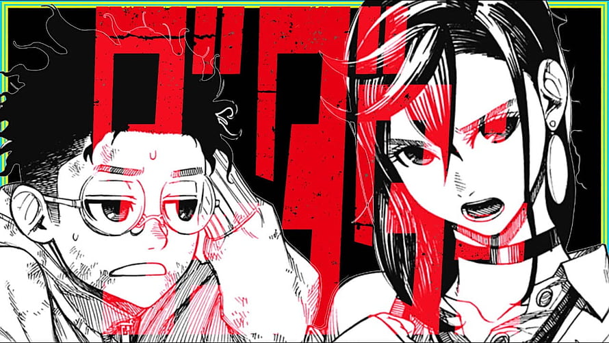 Dandadan Anime Characters in High Contrast Red and Black Manga Style HD wallpaper