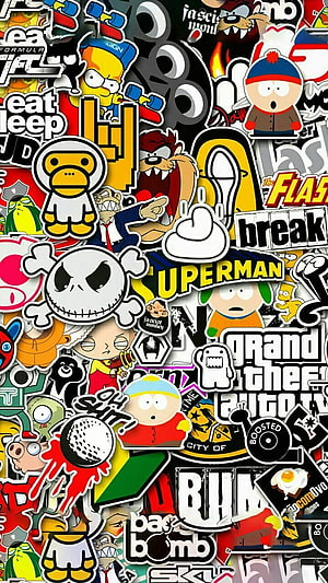Collage of Pop Culture Stickers Featuring South Park, GTA, and Cartoon Characters HD phone wallpaper