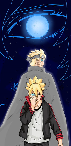 Boruto and Naruto Anime Illustration with Blue Eye and Starry Night Sky HD phone wallpaper