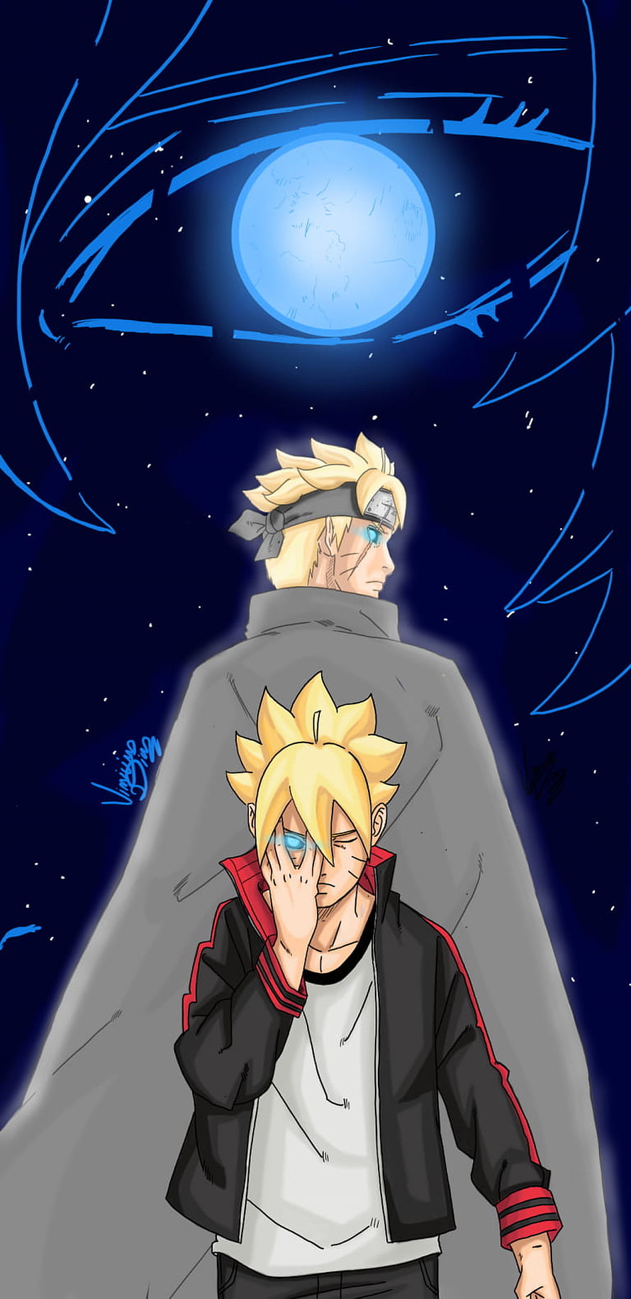 Boruto and Naruto Anime Illustration with Blue Eye and Starry Night Sky HD phone wallpaper