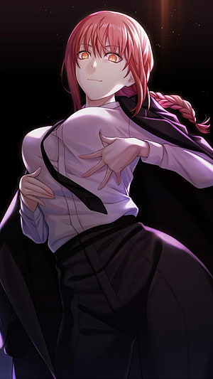 Makima from Chainsaw Man in a white shirt and black suit with pink hair and orange eyes, Makima [Chainsaw Man], makima HD phone wallpaper