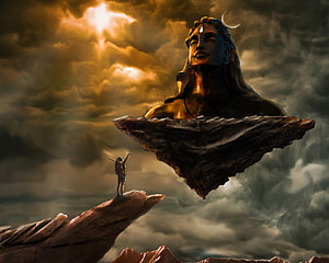 Giant Shiva Statue Floating Above Rocky Cliff With Small Human Figure, Shiva [1280x1024], mahakal god HD wallpaper