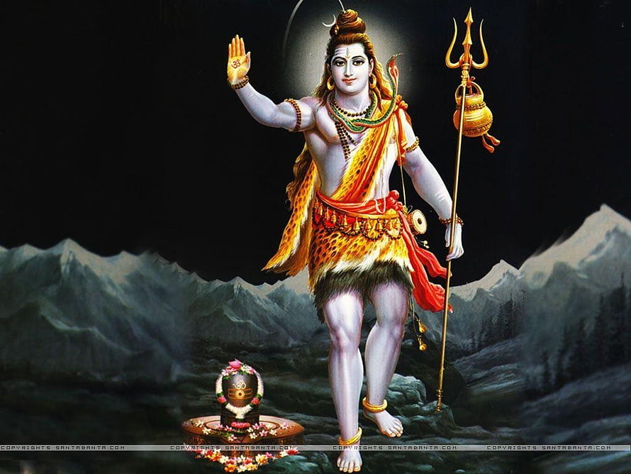 Lord Shiva Standing With Trishul And Shiva Lingam In Himalayan Mountains HD wallpaper