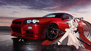 Red Nissan Skyline R34 GT-R with Anime Girl at Sunset HD wallpaper