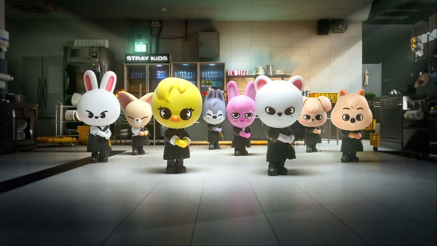 Stray Kids SKZOO Mascot Characters in Black Suits Standing in a Kitchen HD wallpaper