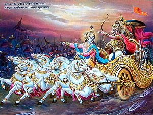 Krishna and Arjuna on the Divine Chariot in the Mahabharata Battle HD wallpaper