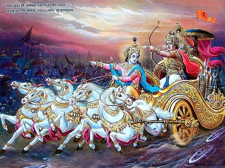 Krishna and Arjuna on the Divine Chariot in the Mahabharata Battle HD wallpaper