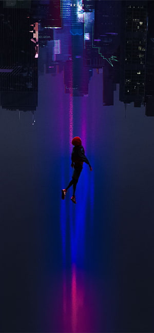 Spider-Man Into the Spider-Verse Character Floating in Neon Cyberpunk Cityscape, Best Spider man into the spider verse , #spider man into the spider verse HD phone wallpaper