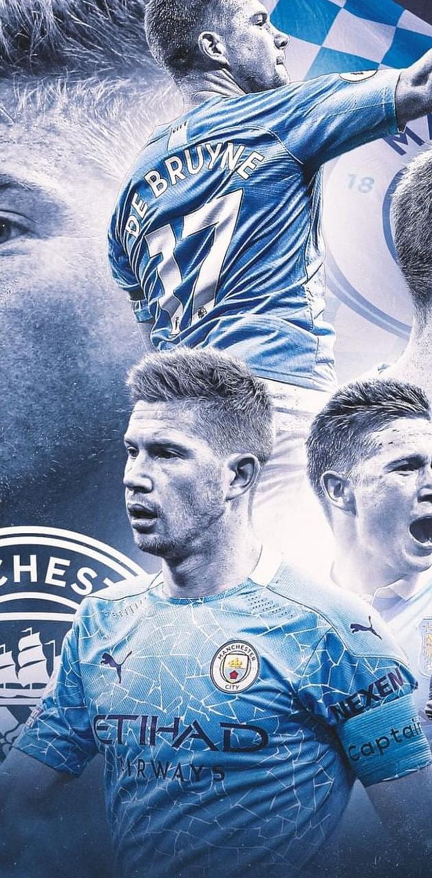 Kevin De Bruyne and Manchester City Players in Sky Blue Kit Collage Wallpaper HD phone wallpaper