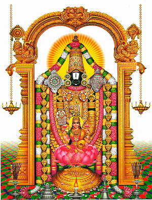 Lord Venkateswara and Goddess Padmavathi in ornate golden temple arch with floral garlands and lotus throne HD phone wallpaper