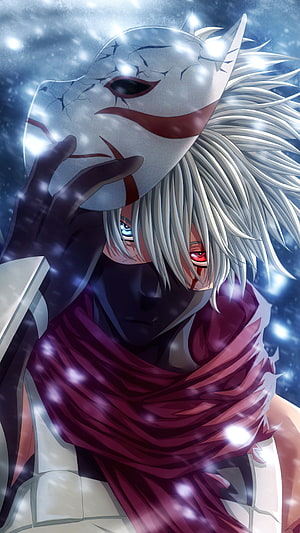 Anime character with white hair and heterochromia holding a cracked fox mask in a snowy scene HD phone wallpaper