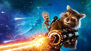 Rocket Raccoon and Groot in Guardians of the Galaxy Vol 2 Space Battle Scene HD wallpaper