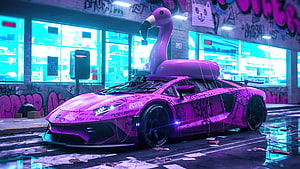 Neon Pink Sports Car with Giant Inflatable Flamingo in Cyberpunk City HD wallpaper