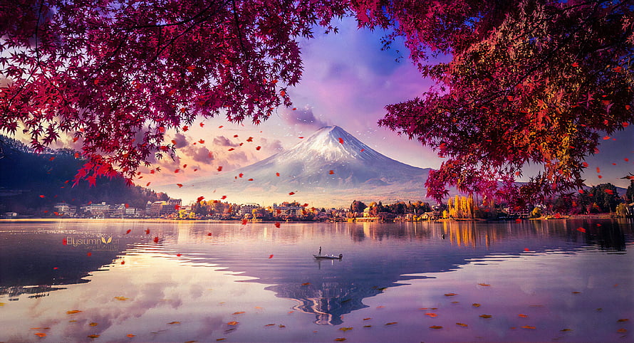Mount Fuji Reflected in Lake with Vibrant Autumn Maple Leaves and Purple Sky HD wallpaper