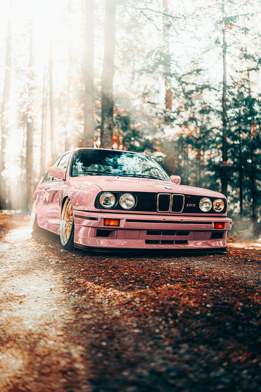 Pink BMW E36 M3 Stance in Forest HD phone wallpaper
