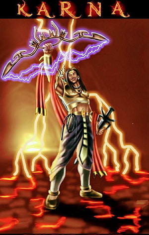 Karna wielding the Gandiva bow with lightning and fire in epic Indian mythology warrior art HD phone wallpaper