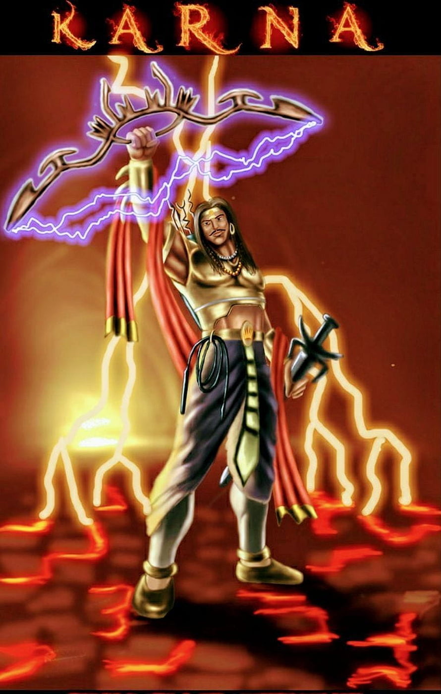 Karna wielding the Gandiva bow with lightning and fire in epic Indian mythology warrior art HD phone wallpaper