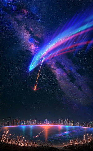 Itomori Sci-Fi Cityscape with Glowing Comet and Nebula Sky HD phone wallpaper
