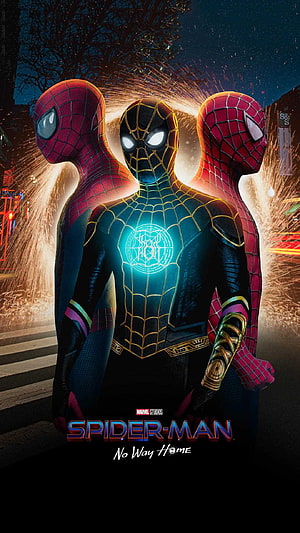 Spider-Man No Way Home Tri-Suit Poster Featuring Iron Spider and Classic Costumes, Spider Man No Way Home, spiderman no way home HD phone wallpaper