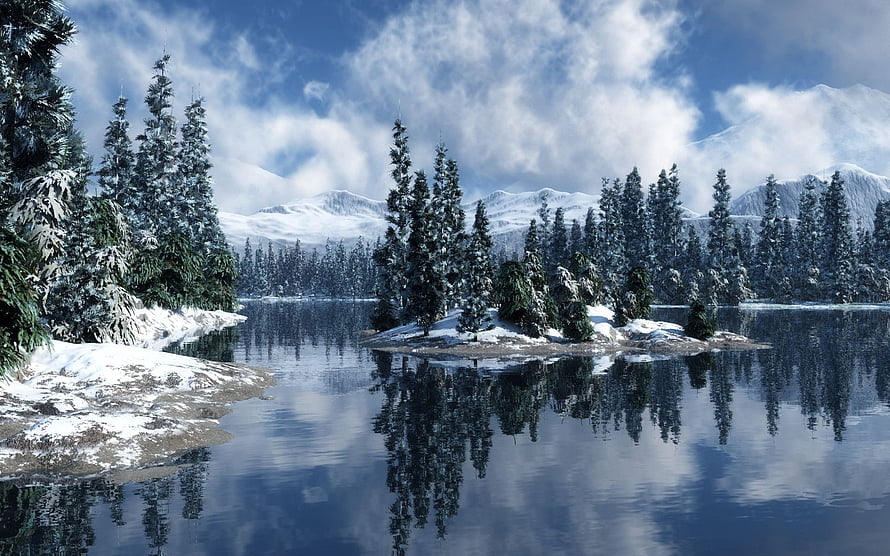 Serene Winter Lake Landscape With Snowy Pines And Mountain Reflections HD wallpaper