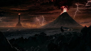 Mordor Volcanic Landscape with Barad-dur Tower and Lightning Storm HD wallpaper