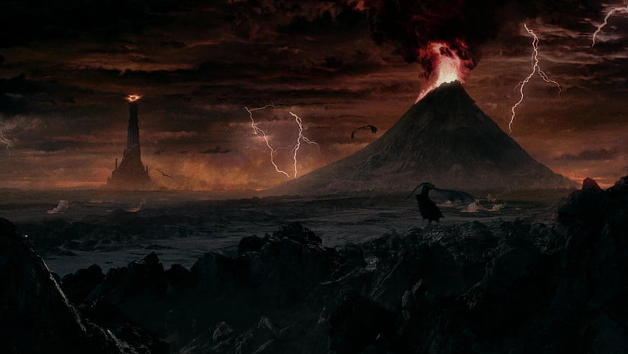 Mordor Volcanic Landscape with Barad-dur Tower and Lightning Storm HD wallpaper