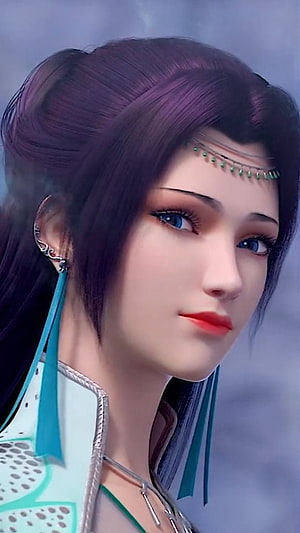 3D animated female character with purple hair and blue eyes wearing traditional fantasy attire HD phone wallpaper