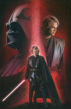 Anakin Skywalker and Darth Vader Concept Art with Red Lightsaber HD phone wallpaper