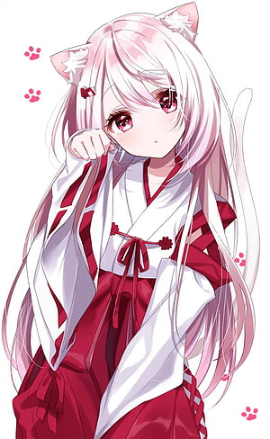 Anime Cat Girl in Red and White Kimono with Long Pink Hair and Cat Ears HD phone wallpaper