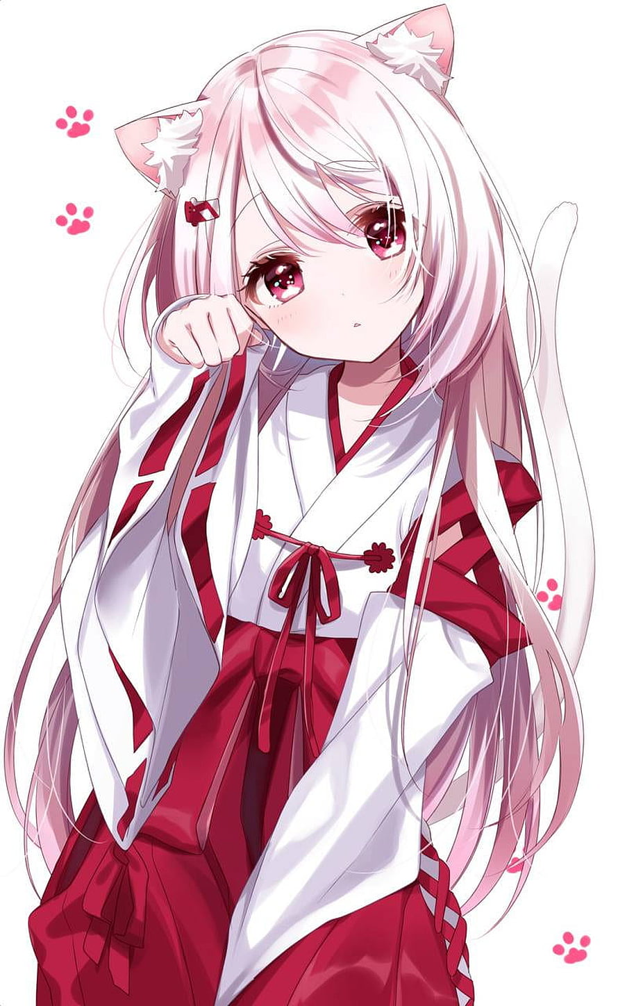 Anime Cat Girl in Red and White Kimono with Long Pink Hair and Cat Ears HD phone wallpaper
