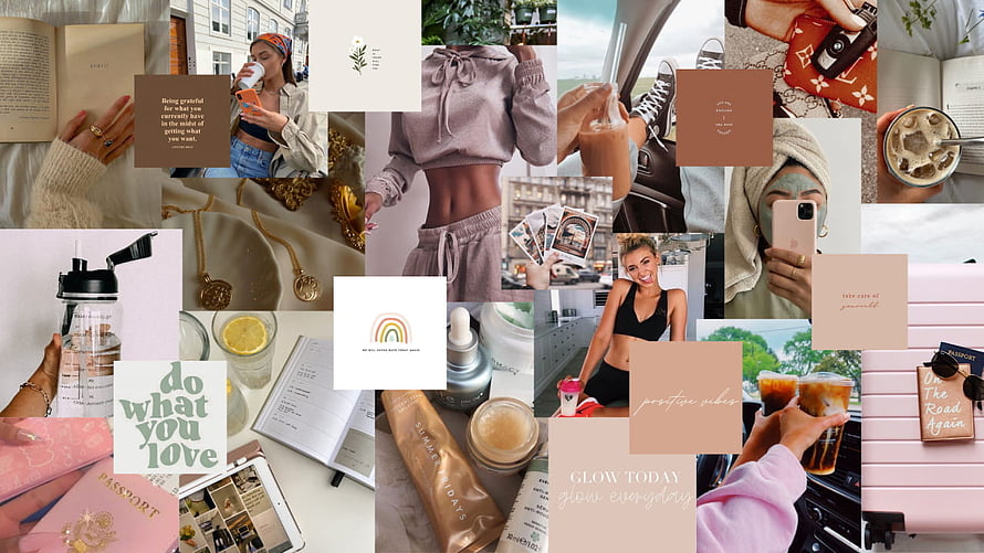 Aesthetic Lifestyle Mood Board Collage Featuring Fashion, Beauty, Travel, and Positive Vibes HD wallpaper