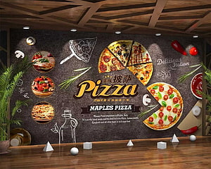 Naples Pizza Restaurant Wall Mural with Chalkboard Sketches and Food Photography HD wallpaper
