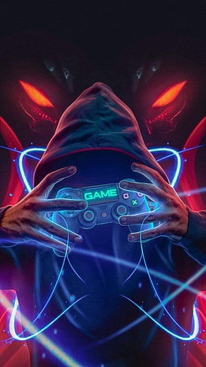 Hooded Gamer Holding Neon Controller with Glowing Red Eyes in Cyberpunk Style HD phone wallpaper