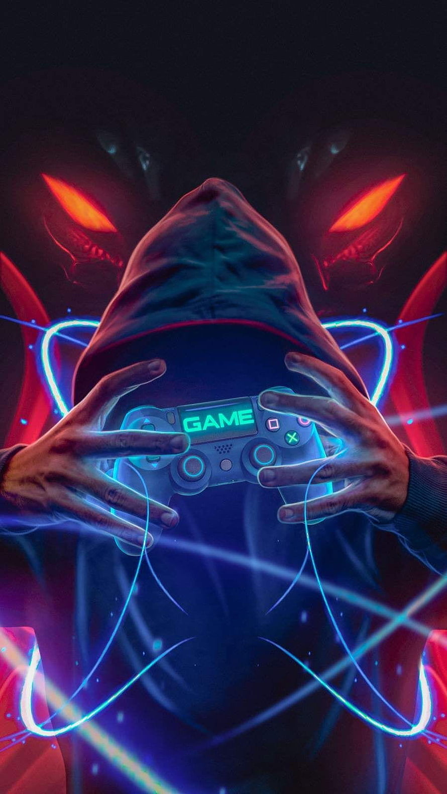 Hooded Gamer Holding Neon Controller with Glowing Red Eyes in Cyberpunk Style HD phone wallpaper