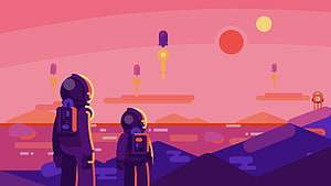Kurzgesagt Astronauts Exploring Alien Planet with Floating Drones and Multiple Suns HD wallpaper