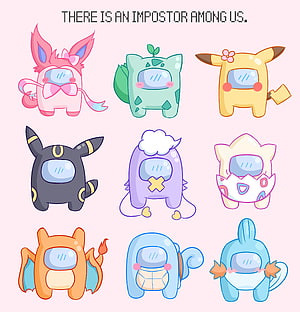 Among Us Crewmates in Cute Pokemon Costumes with Impostor Text HD phone wallpaper