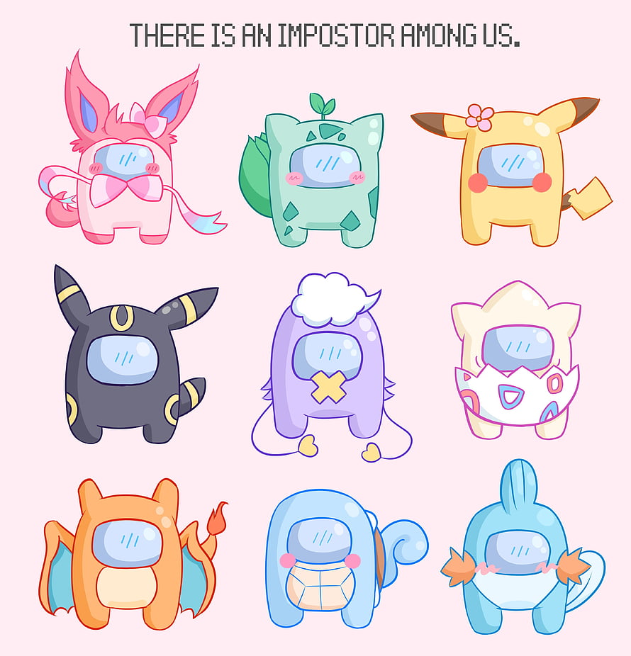 Among Us Crewmates in Cute Pokemon Costumes with Impostor Text HD phone wallpaper