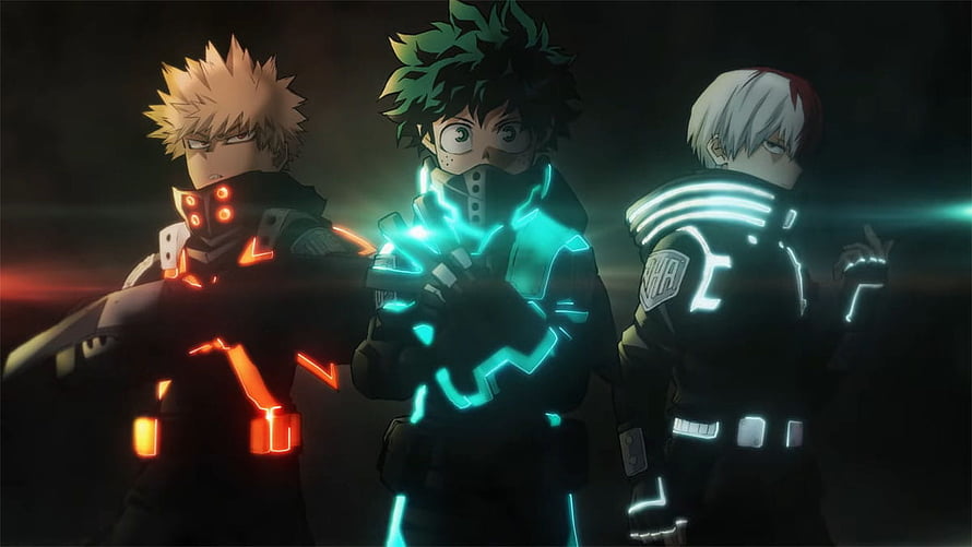 My Hero Academia World Heroes Mission Anime Movie Scene with Three Characters in Glowing Suits HD wallpaper