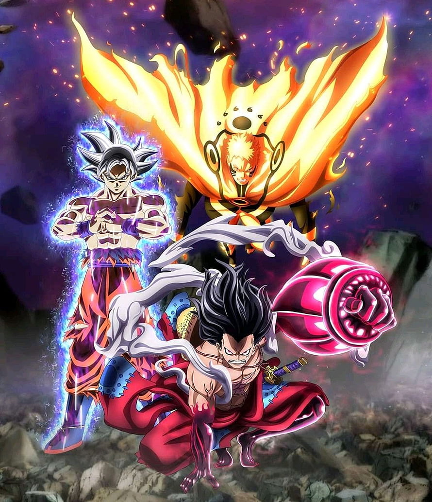 Goku Black, Naruto, and Luffy Anime Crossover Battle Art HD phone wallpaper