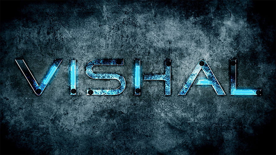 Vishal Name in Glowing Blue Metal Letters on Dark Textured Concrete Background HD wallpaper