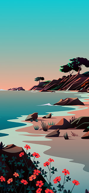 Vector Art Coastal Landscape With Red Flowers And Sunset Sky HD phone wallpaper