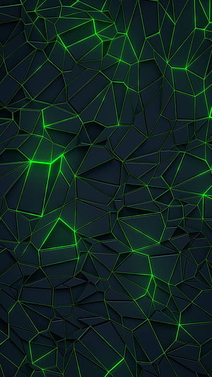 Geometric Low Poly Abstract Pattern with Glowing Green Neon Lines on Dark Background HD phone wallpaper